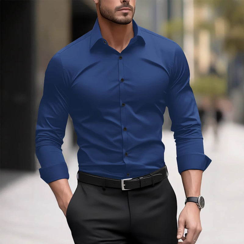 Camisa informal de negocios de manga larga con pigmentos para hombre