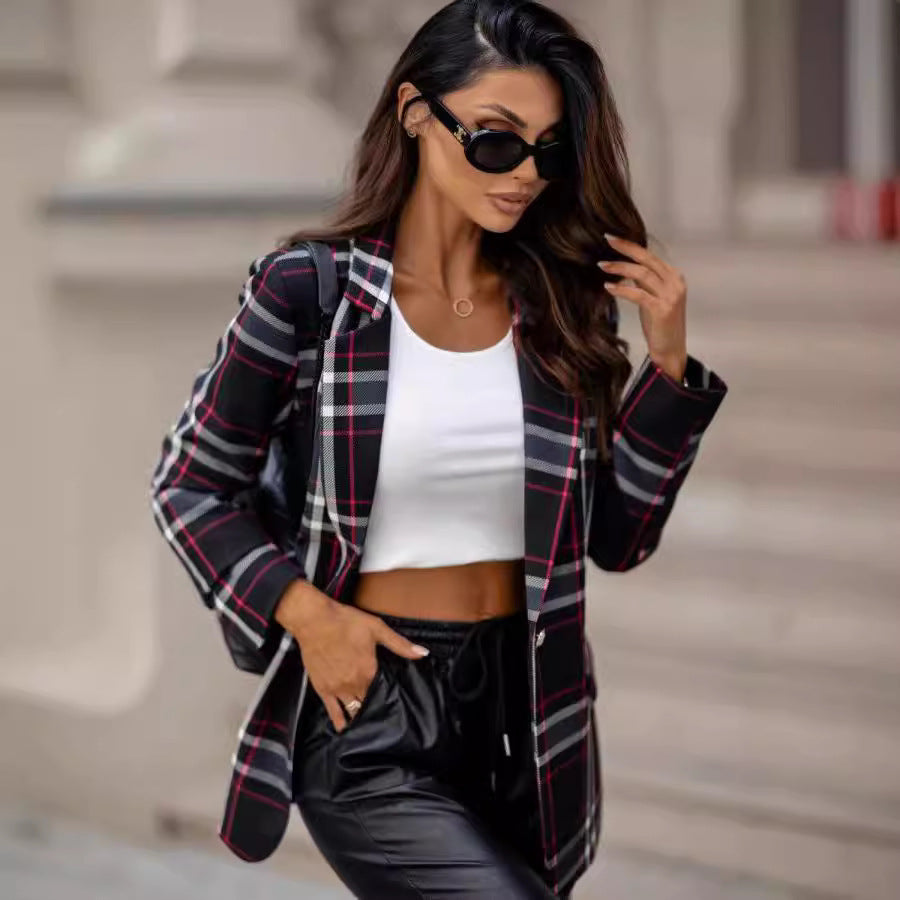 Women’s plaid blazer in dark red, black, and white checks, with lapels and front pockets.