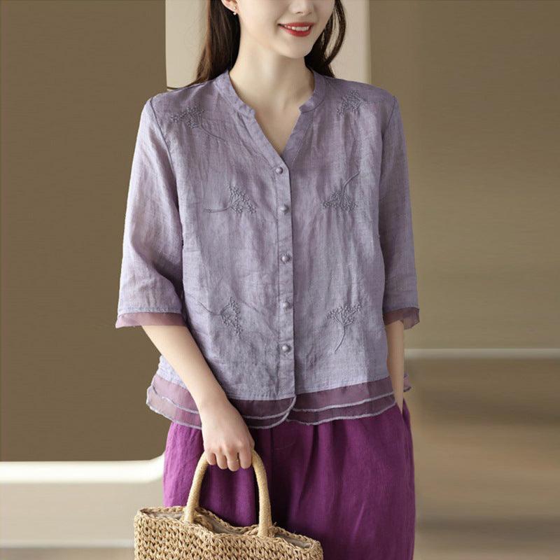 Artistic Yarn Embroidery Printed Shirt - WOMONA.COM