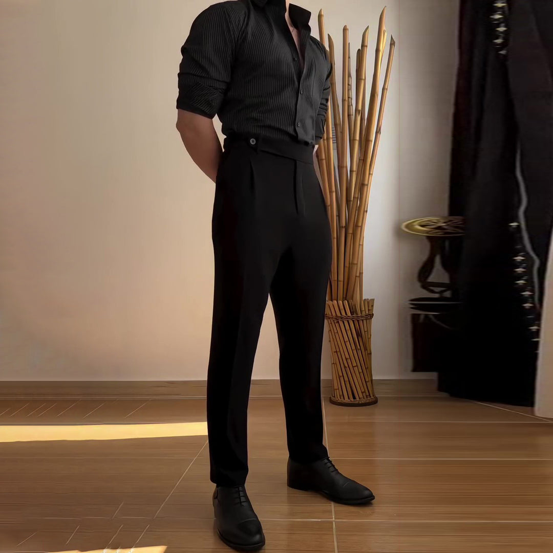 Black straight-leg business pants with button waistband and side pockets