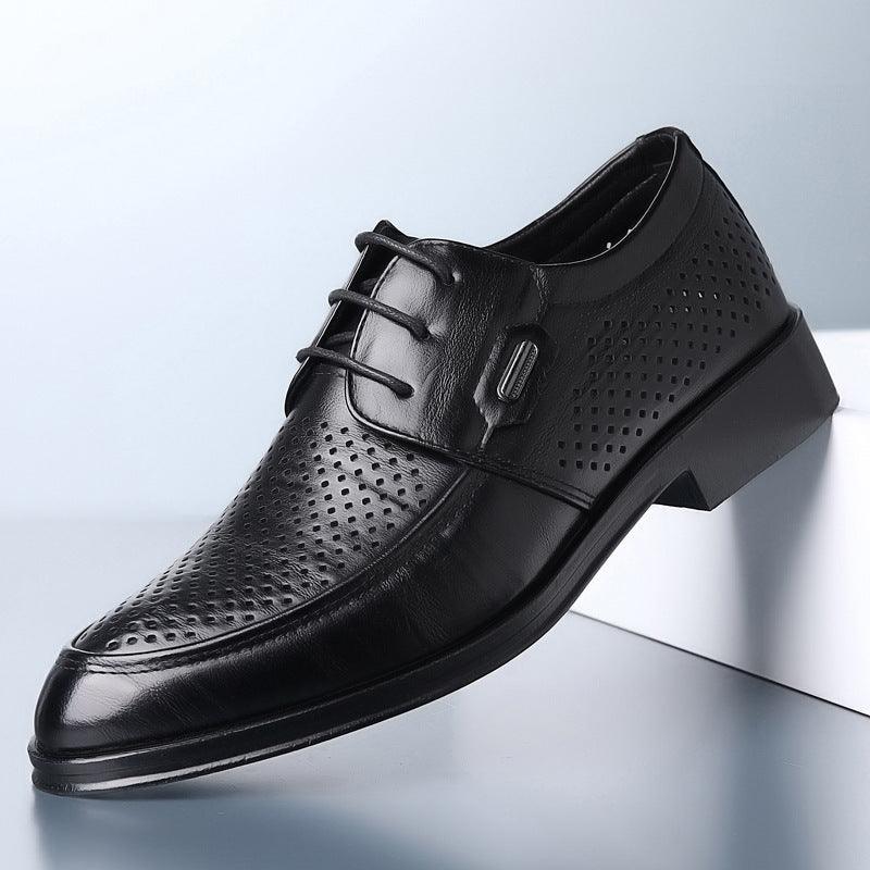 Men's black perforated leather lace-up oxford shoes with lace-up front and block heel