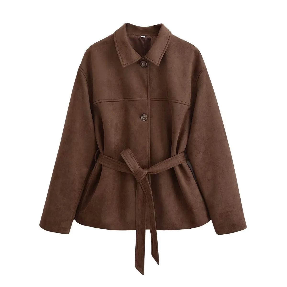 Brown suede long-sleeve jacket with pointed collar, button front, and waist belt tie