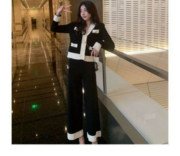 Two-piece Suit Of Slimming Knitted Wide-leg Pants - WOMONA.COM