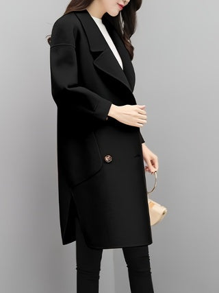 Petite black wool coat with notched lapels, button front, long tailored fit