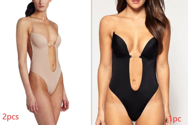 Backless body shaper bra set in beige and black, underwire cups with straps