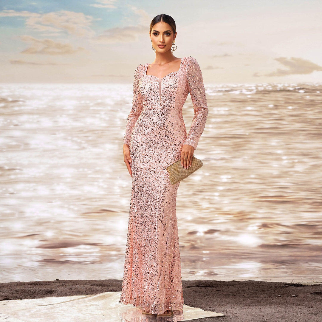 Rose gold sequined evening dress with square neckline, long sleeves, fitted fishtail hem