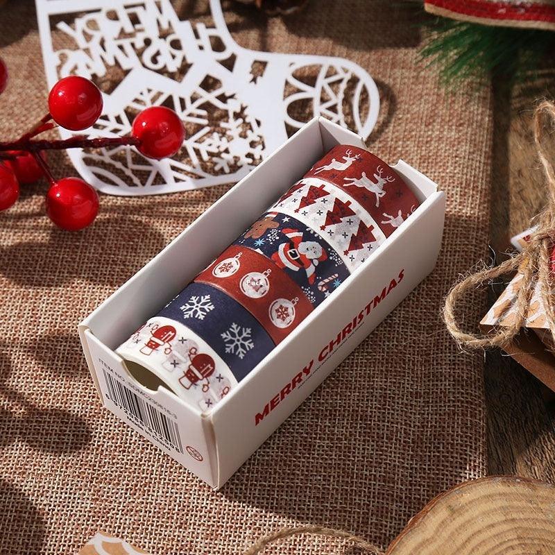 Decorative Christmas tape set in gift box with red, blue, and patterned rolls