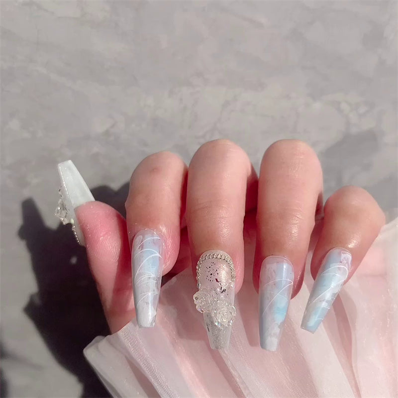 Premium Feel Wearable Nails Soft Macchiato Blue Ice - WOMONA.COM