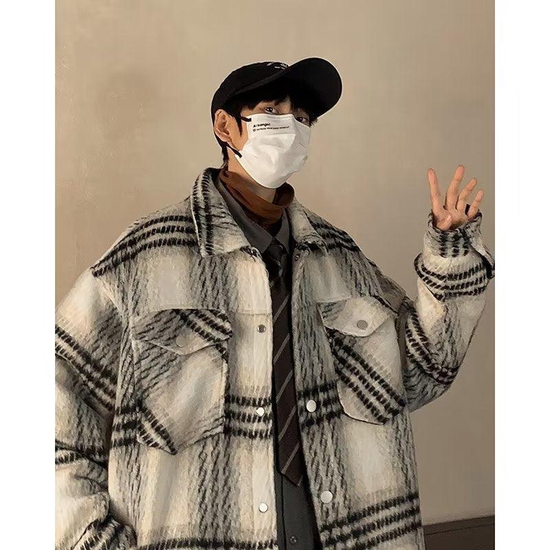 Simple Woolen Men's And Women's Loose Shirt Plaid Coat - WOMONA.COM