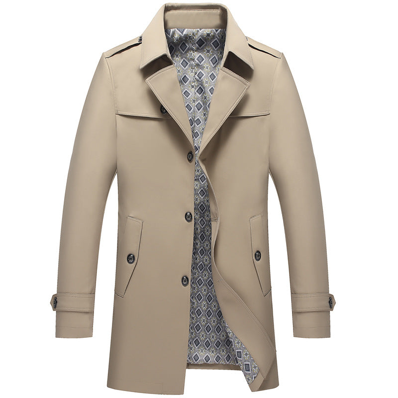 Men's khaki duster jacket with button-front, stand collar, patch pockets, patterned lining