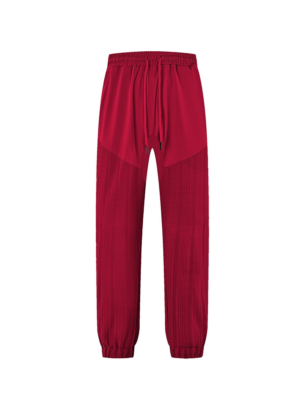 Wine red jogger sweatpants with elastic waist and drawstring; tapered ankle cuffs