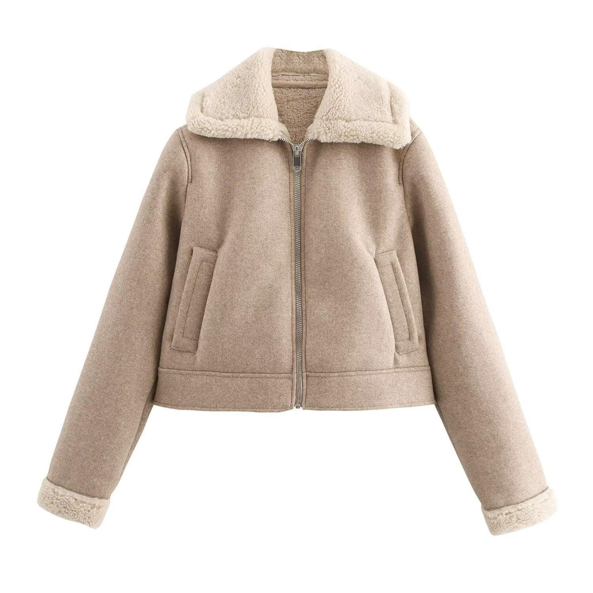 Camel wool double-sided jacket with sherpa-lined collar and zip front, side pockets.