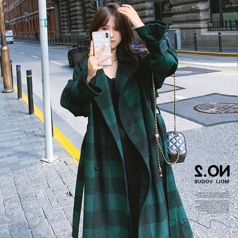 French Green Plaid Woolen Coat