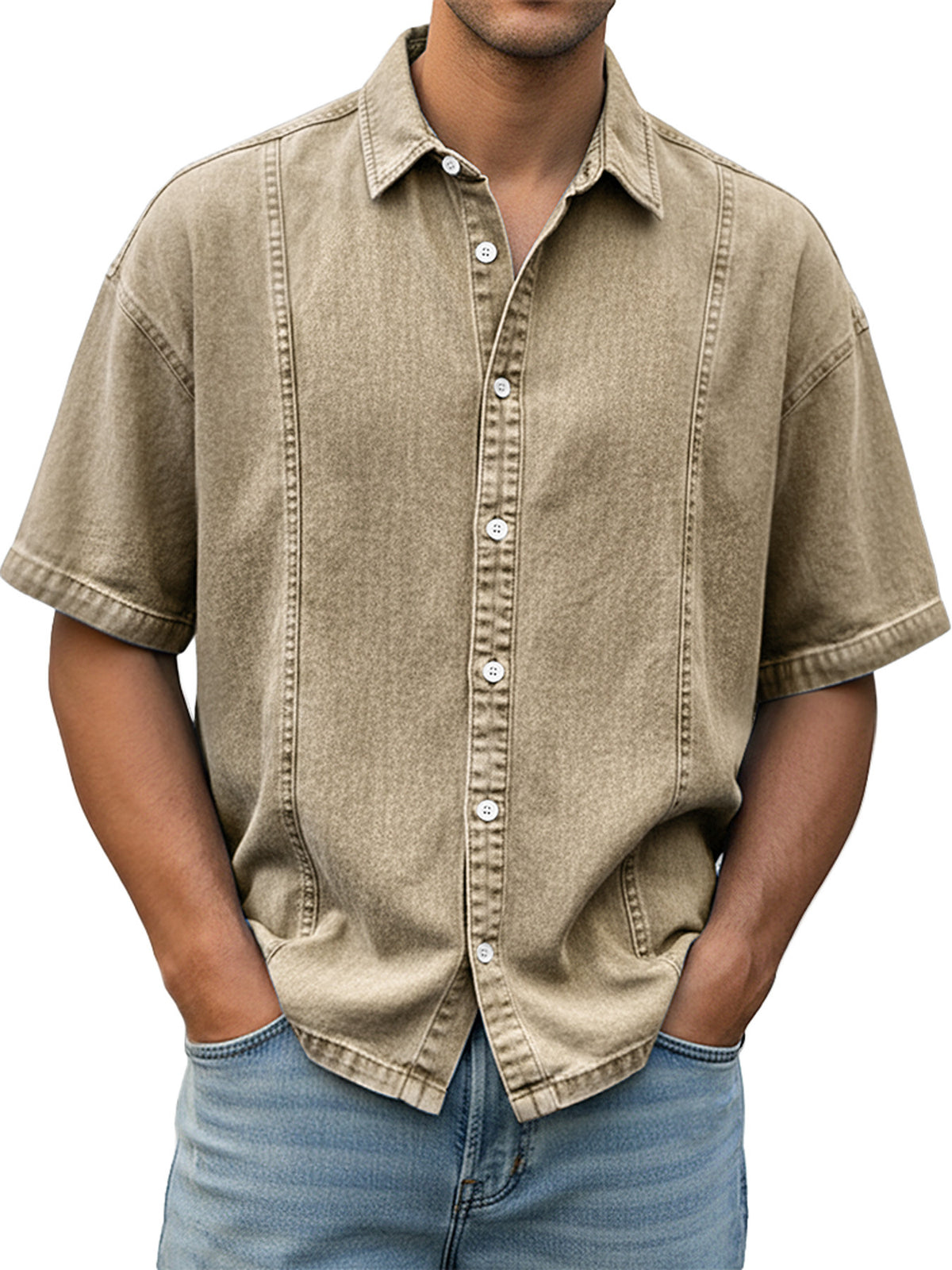 Men's short-sleeve button-up shirt, beige wash with white buttons