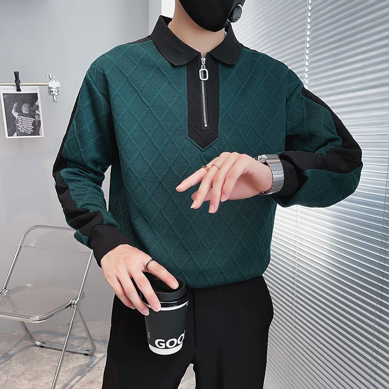 Half Zipper Sweater Men's Contrast Color Long Sleeves