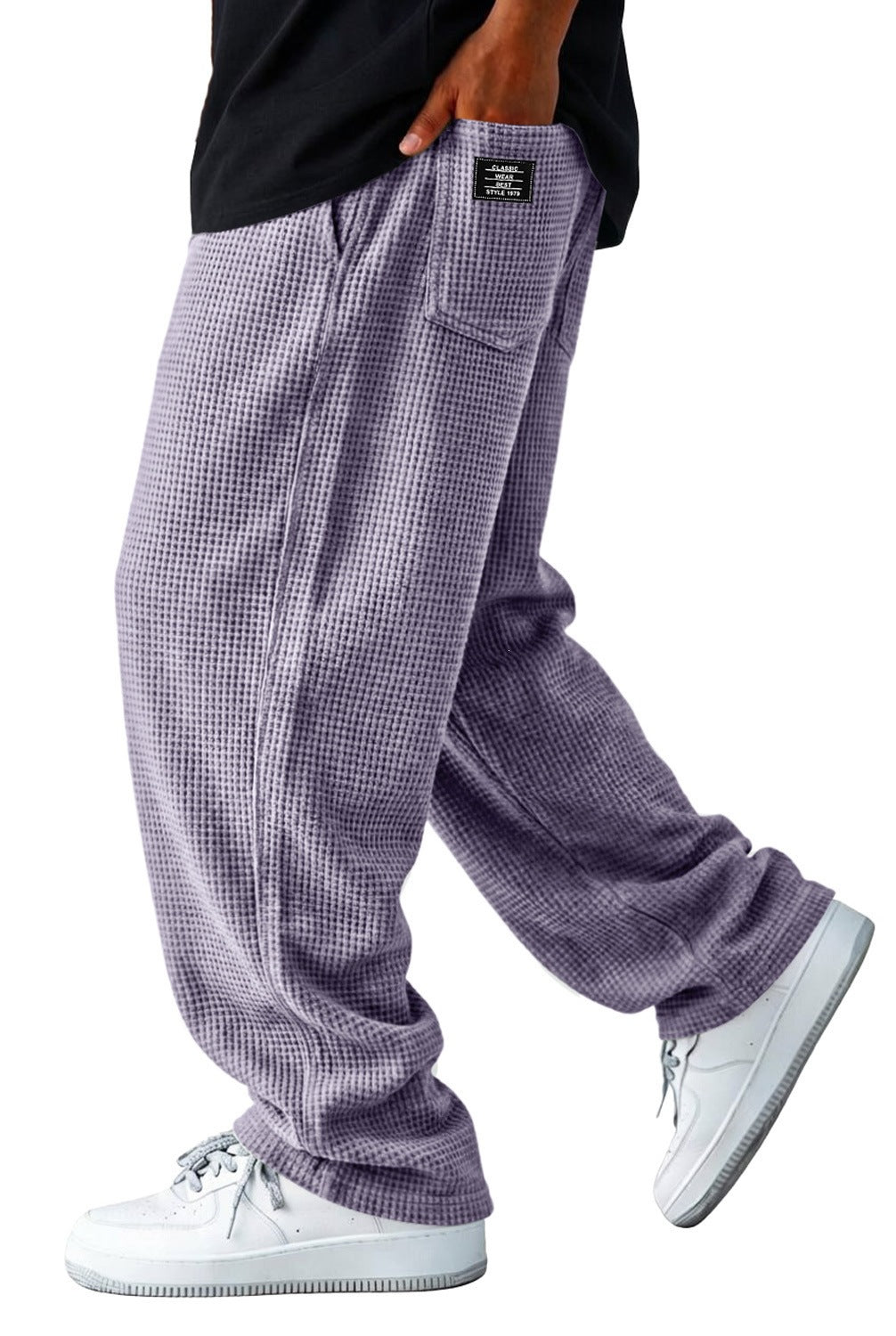 Loose wide-leg casual pants in purple check, elastic ankle cuffs