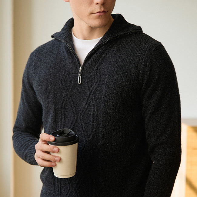 Men's Pure Wool Cable Half-Zip Sweater, Charcoal - product view 1