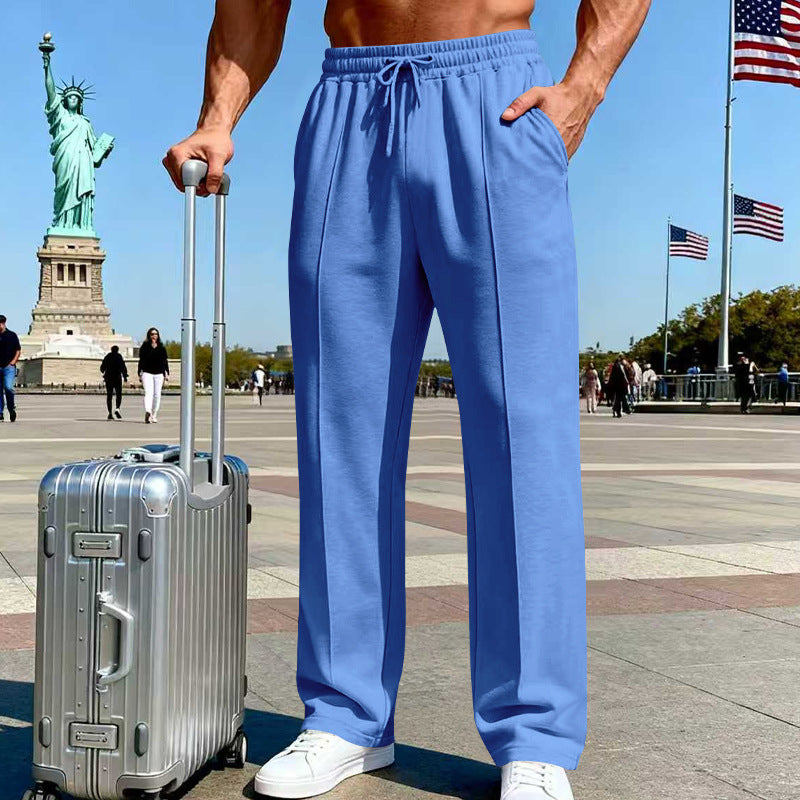Men's knit straight-leg pants, light blue, elastic waist with drawstring.