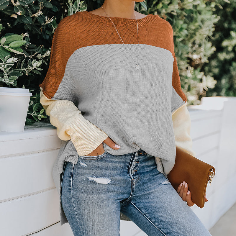 Women's Sweaters Off-shoulder Contrast Color Loose - WOMONA.COM