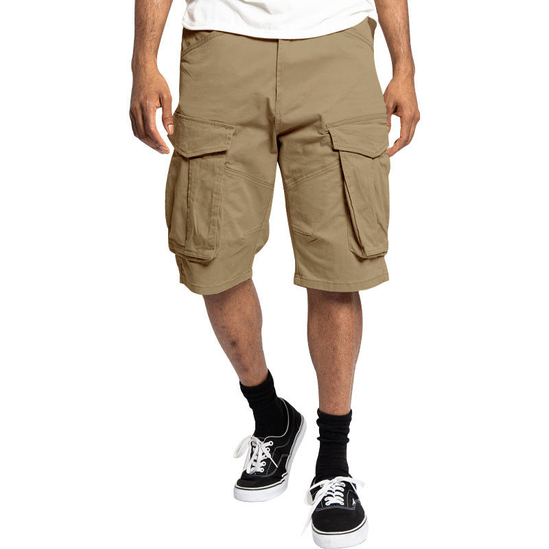 Men's khaki cargo shorts with side flap utility pockets