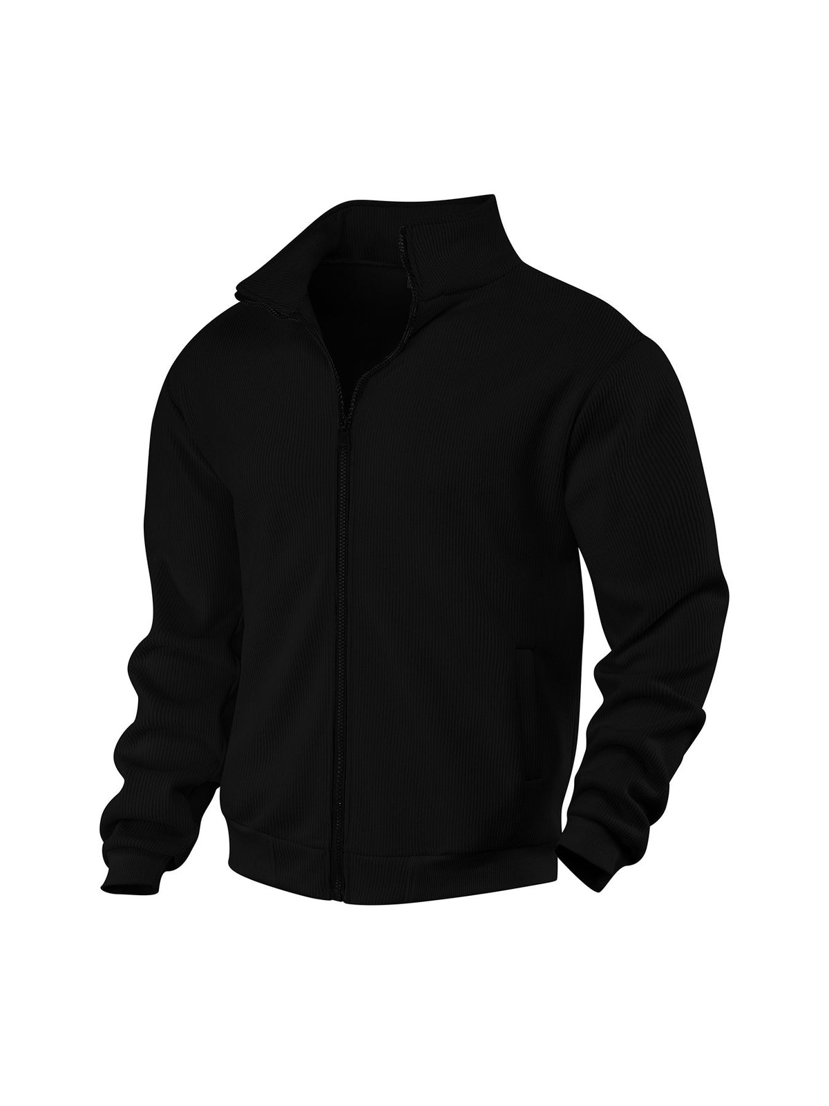 Black mens stand-collar padded zip jacket with long sleeves and side zip pockets.