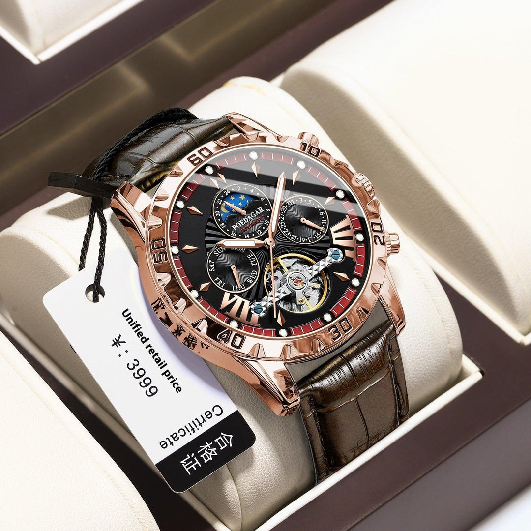 Men's automatic watch with rose-gold case, black leather strap, multi-dial blue accents