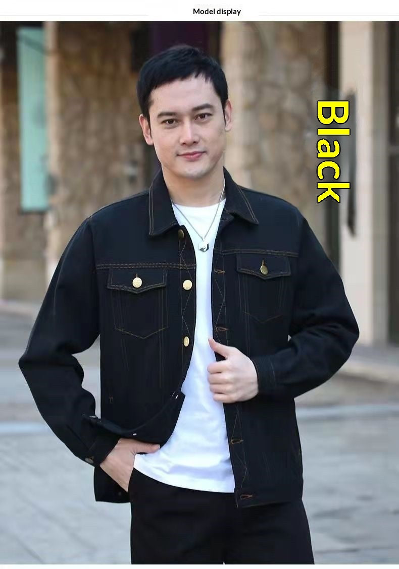 Men’s black denim jacket with stand collar, button front, and chest flap pockets