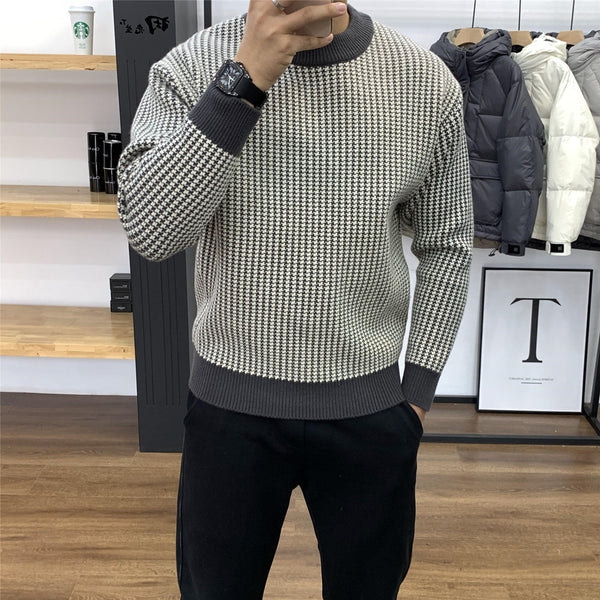 Round Neck Base Slim Fit Pullover Thick Plaid Sweater - WOMONA.COM