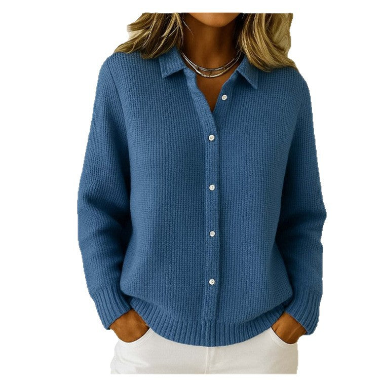 Blue knit lapel sweater with long sleeves, button front, ribbed cuffs and hem