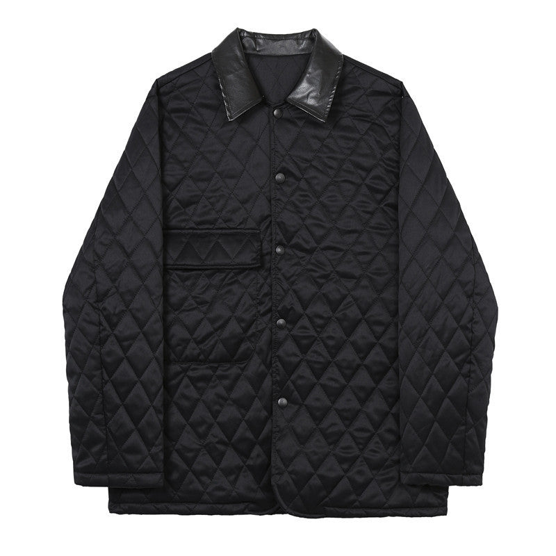 Argyle-patterned Leather Lapel Thin Cotton-padded Jacket - WOMONA.COM