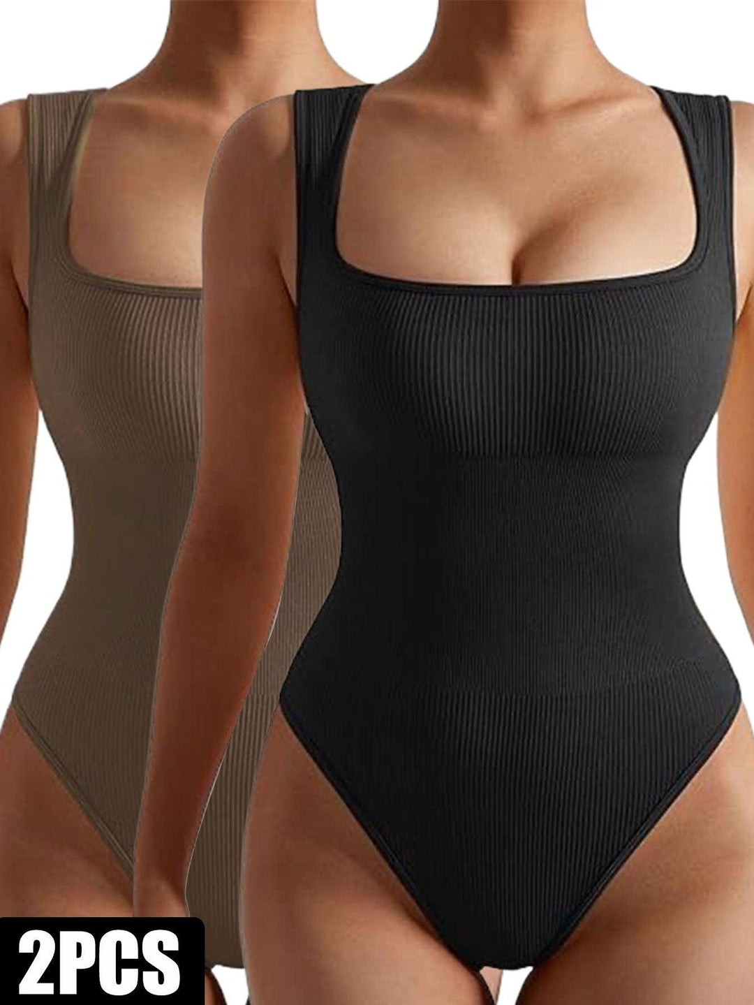 Women’s ribbed one-piece bodysuits, sleeveless square neck, black and dark olive set