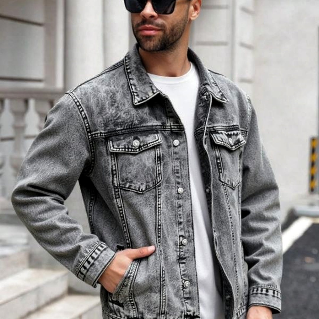 Men's Gray Washed Button-Front Denim Jacket - product view 1