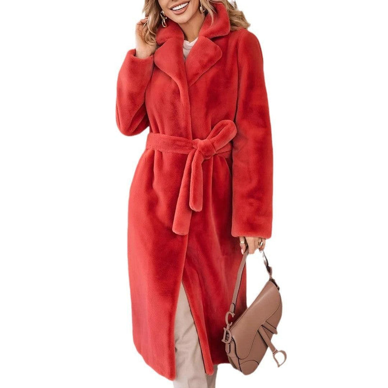 Elegant Lace-up Turn-down Collar Plush Long Coat