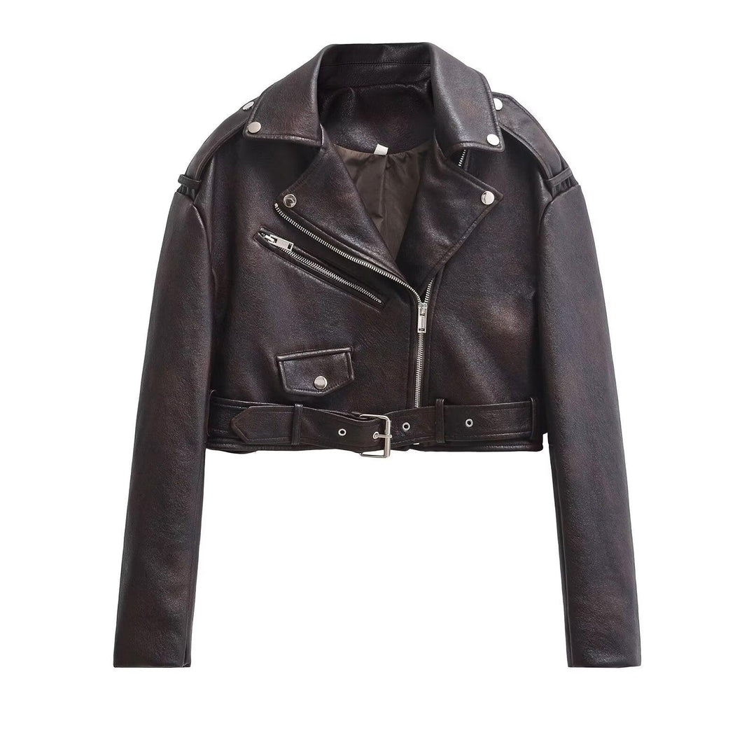 Women's lapel faux leather coat, Brown cropped biker style with zip and belt