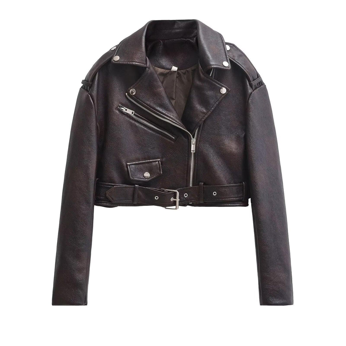 Women's lapel faux leather coat, Brown cropped biker style with zip and belt