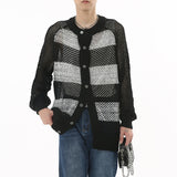 Contrast Color Striped Hollow Knitted Sweater Coat Ins - WOMONA.COM