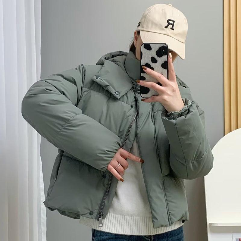 Army green padded hooded jacket with front zipper, snap buttons, loose fit