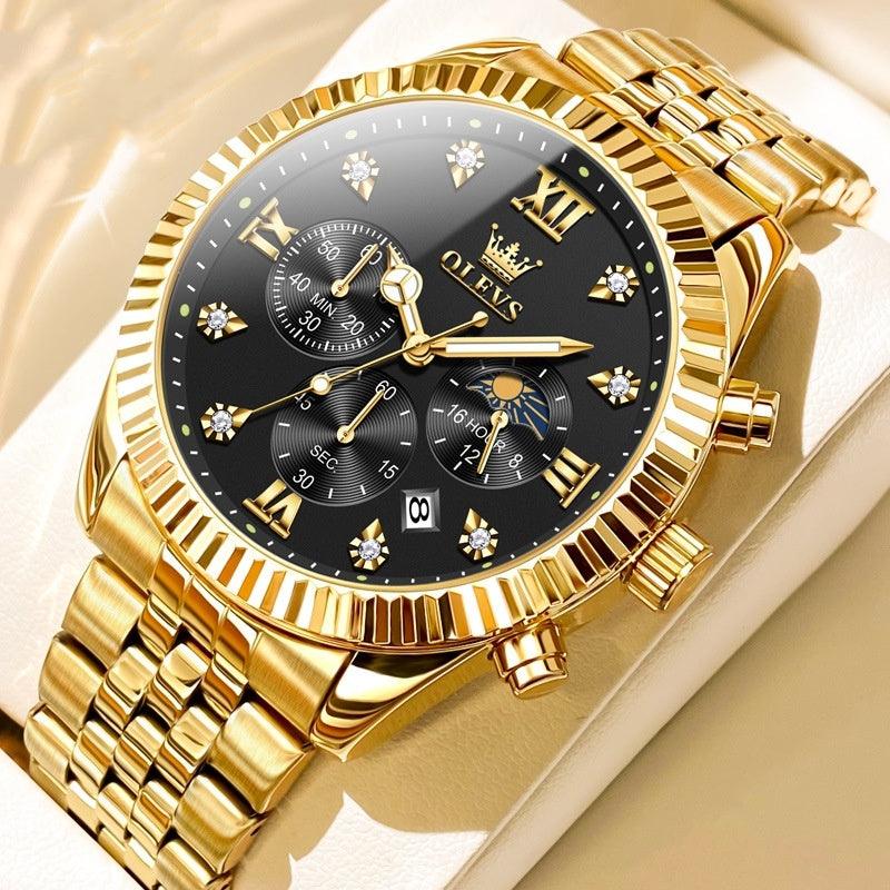 Men's golden quartz watch with black dial and gold-tone bracelet, diamond markers, chrono subdials