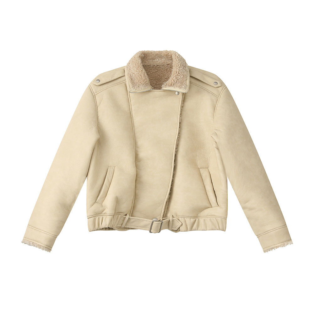 Beige fur-lined jacket with turn-down shearling collar, zip front, and side pockets.