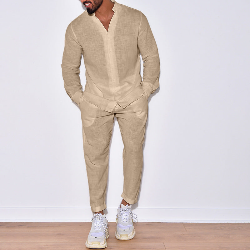Men's linen-blend V-neck top and straight-leg pants set
