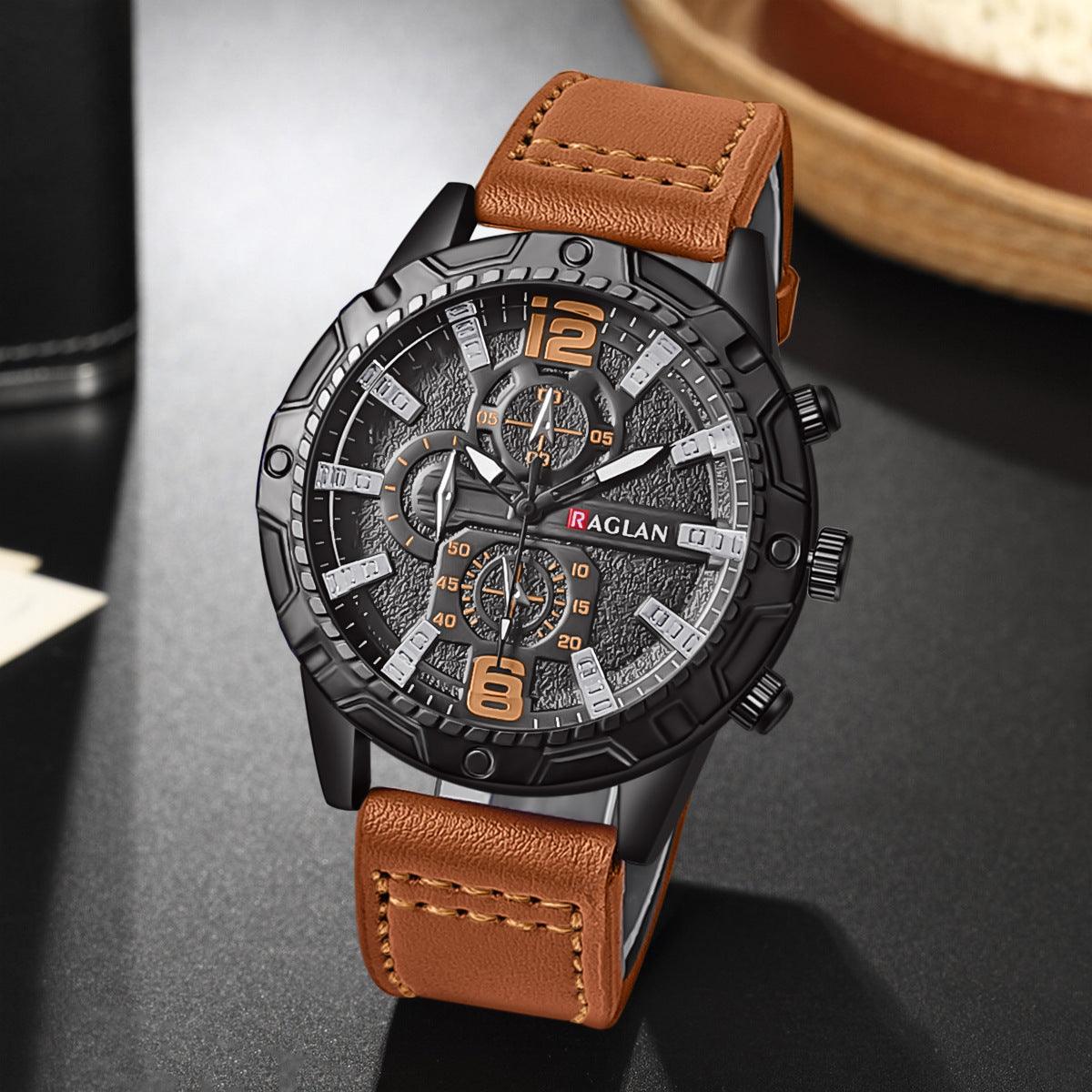 Men's quartz wristwatch, black dial and case with brown leather strap