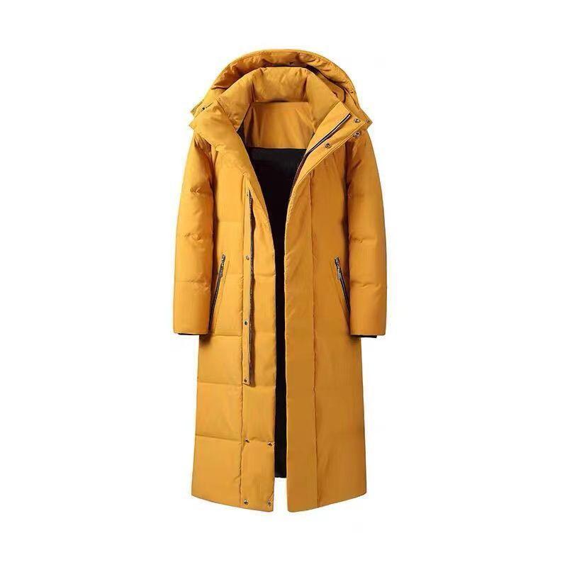 Mustard yellow long puffer coat with hood, zip front, and side pockets