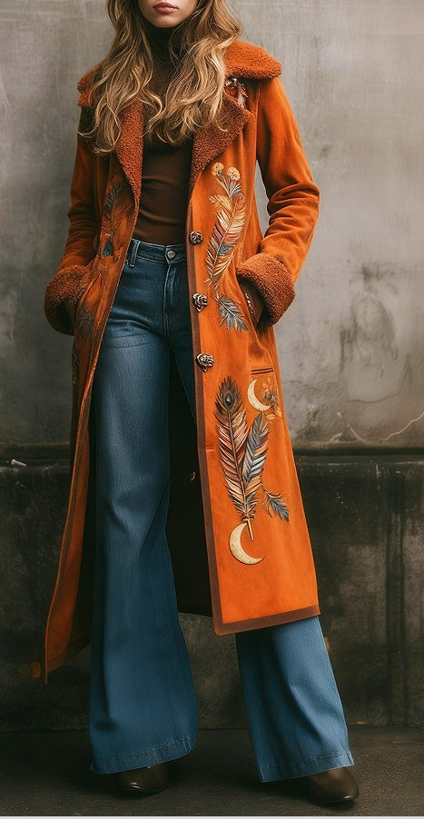 Women's long wool overcoat in orange-brown with cream leaf feather motif and decorative trim.