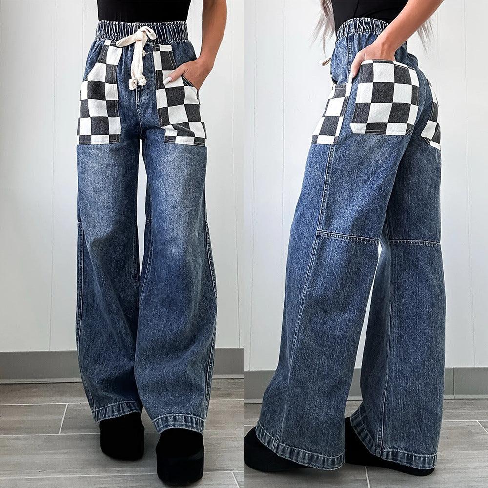 Dark-blue loose denim trousers, elastic waist with drawstring, checkered patch pockets
