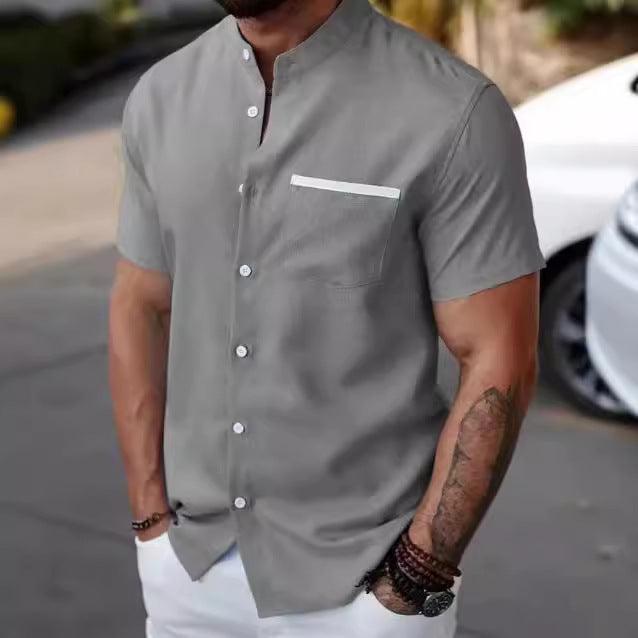 Men's short-sleeve button-up shirt, dark gray with chest pocket and white button placket