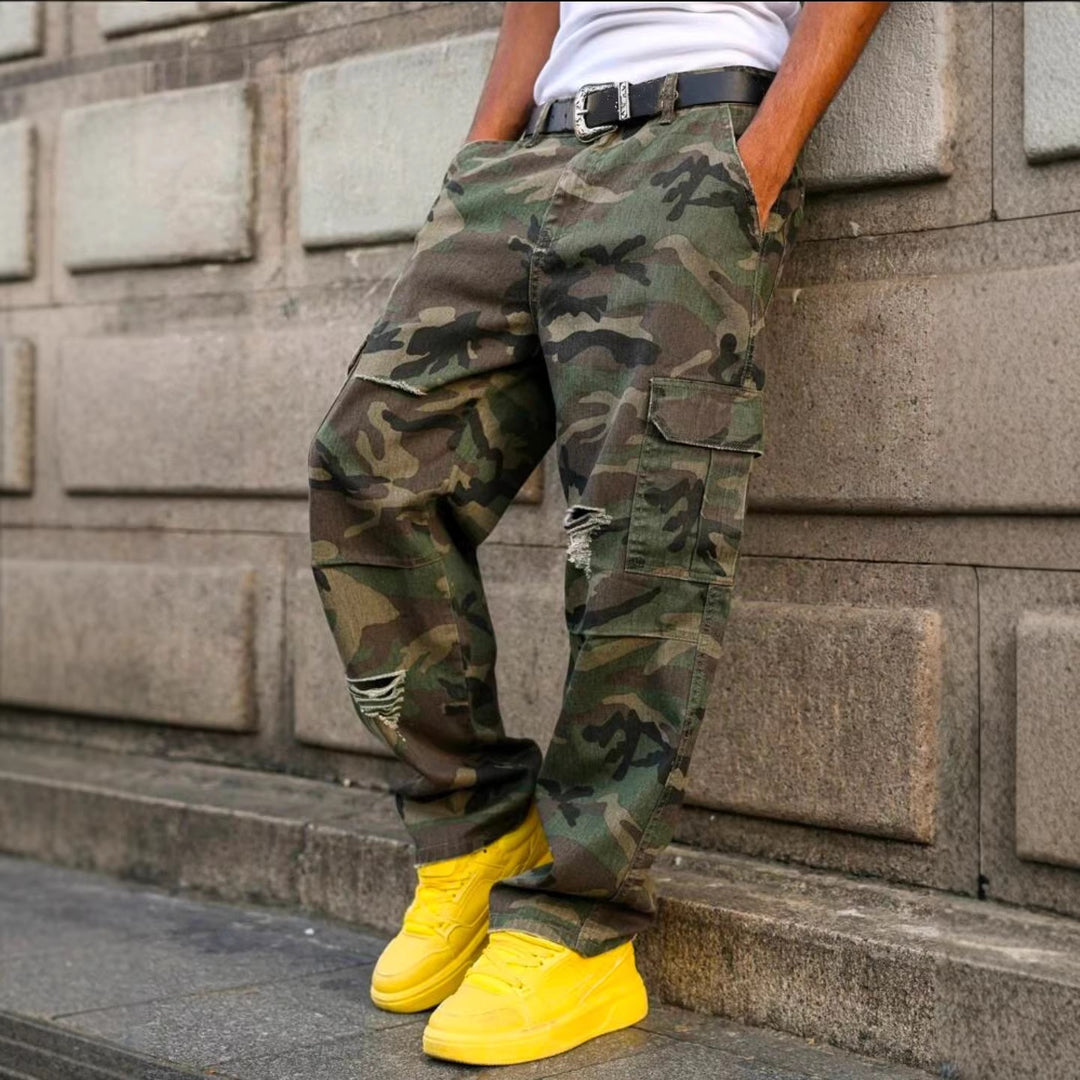 Men's washed army green straight-leg cargo pants