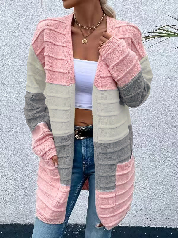 Long Striped Color Matching Cardigan - WOMONA.COM