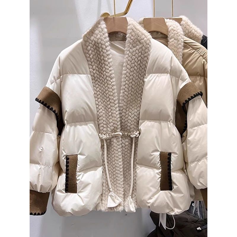 V-Neck Frog Button Stitching Furry Padded Down Jacket Cotton-Padded Coat - product image 3