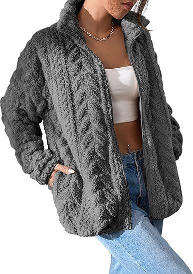 Stand-collar polar fleece jacket, textured charcoal gray with front zip
