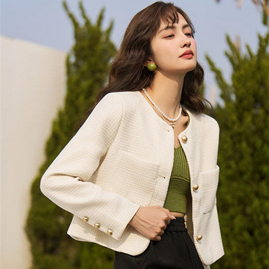 Women's Textured Round-Neck Cropped Jacket, White - product view 1